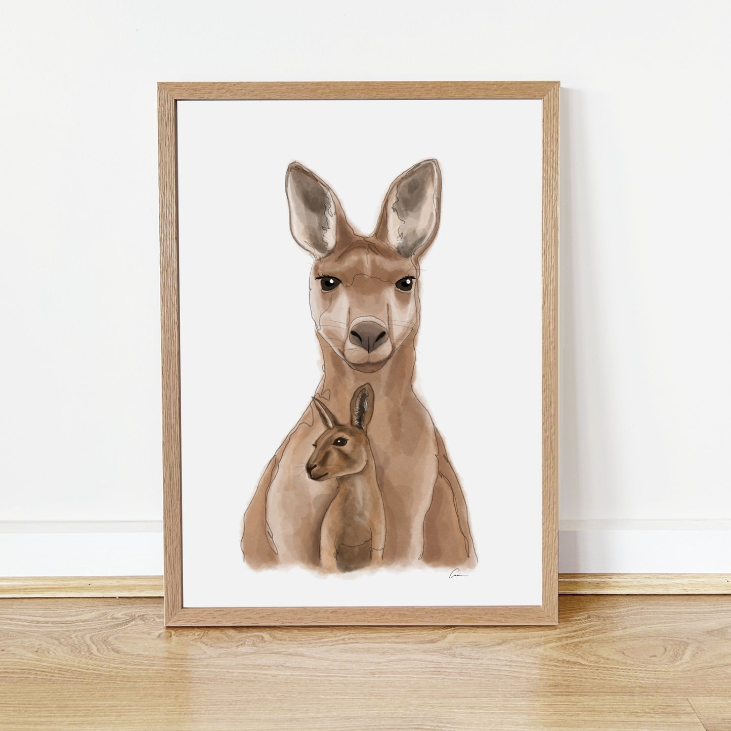 Framed artwork of a kangaroo with a baby kangaroo on a white background
