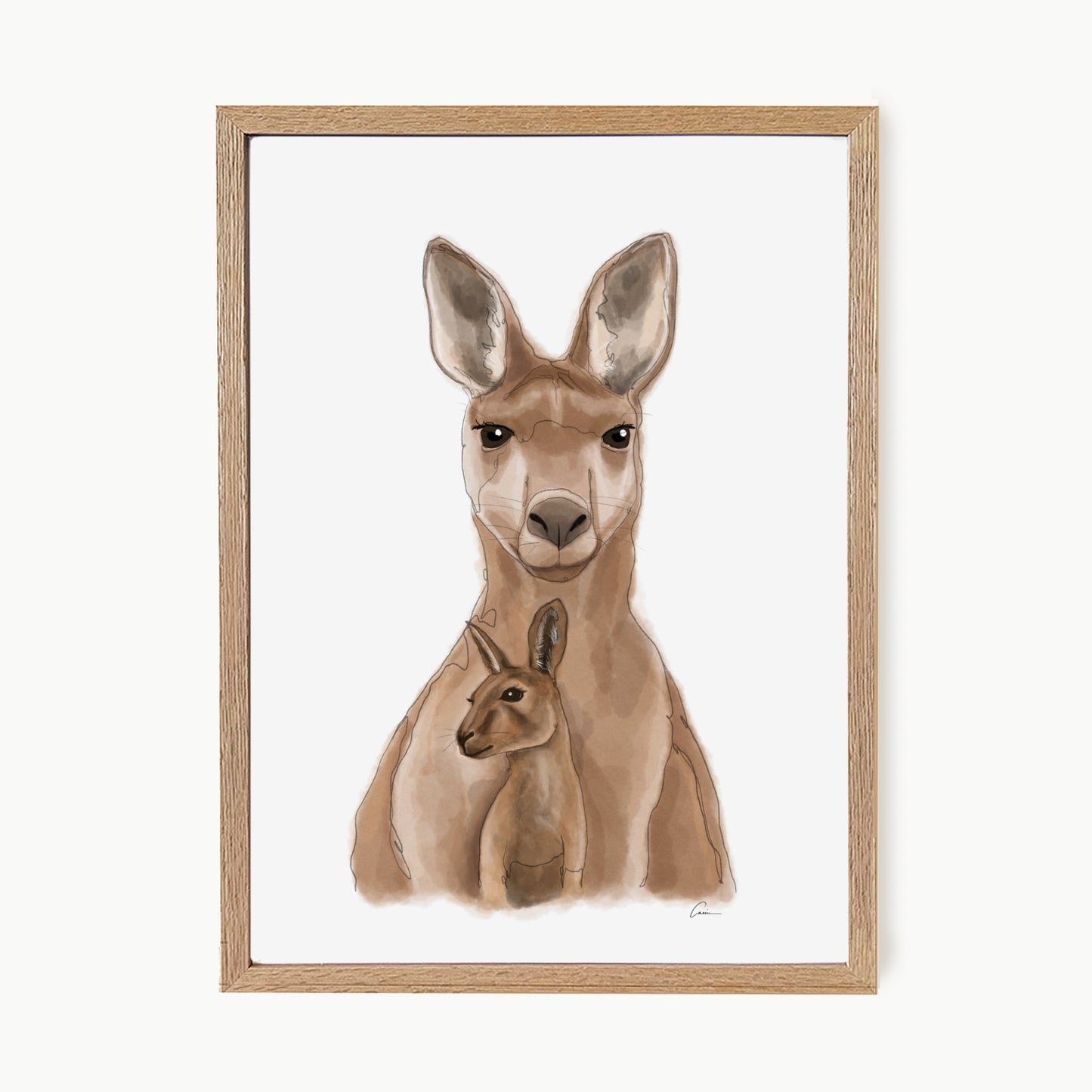 Framed artwork of a kangaroo with a baby kangaroo inside its pouch on a white background.