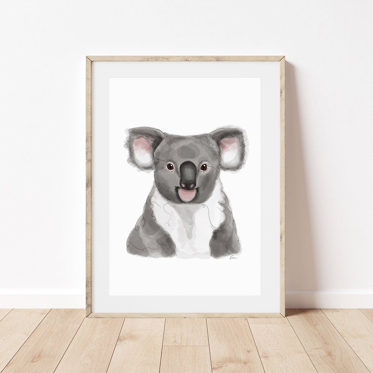 Framed Koala wall art print in oak frame