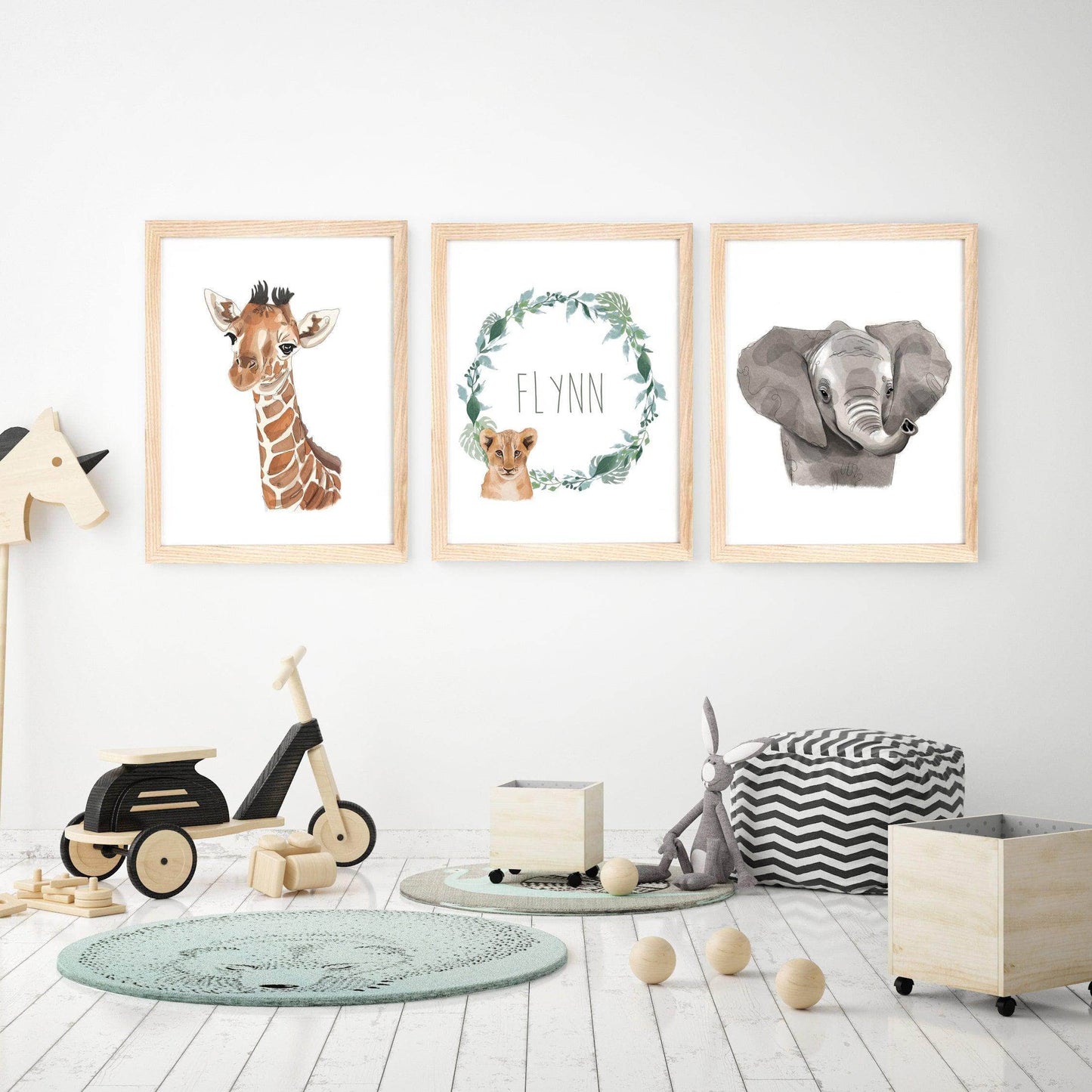 Safari Animals Nursery Wall Art Prints | Personalised with Custom Name | Set of 3