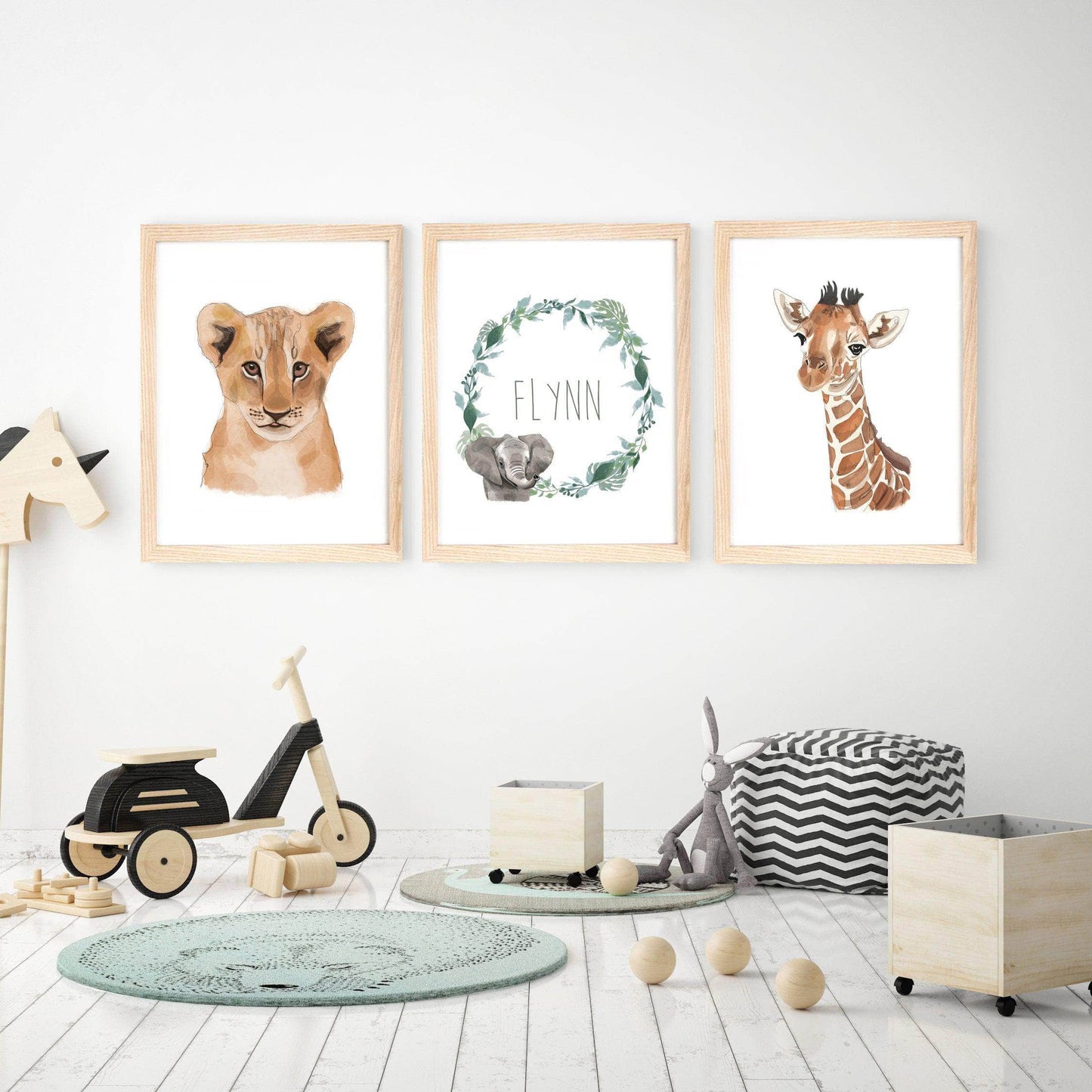 Safari Animals Nursery Wall Art Prints | Personalised with Custom Name | Set of 3