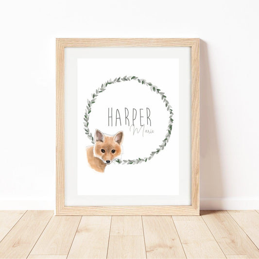 Woodland Animals Nursery Wall Art Print | Personalised Name Print