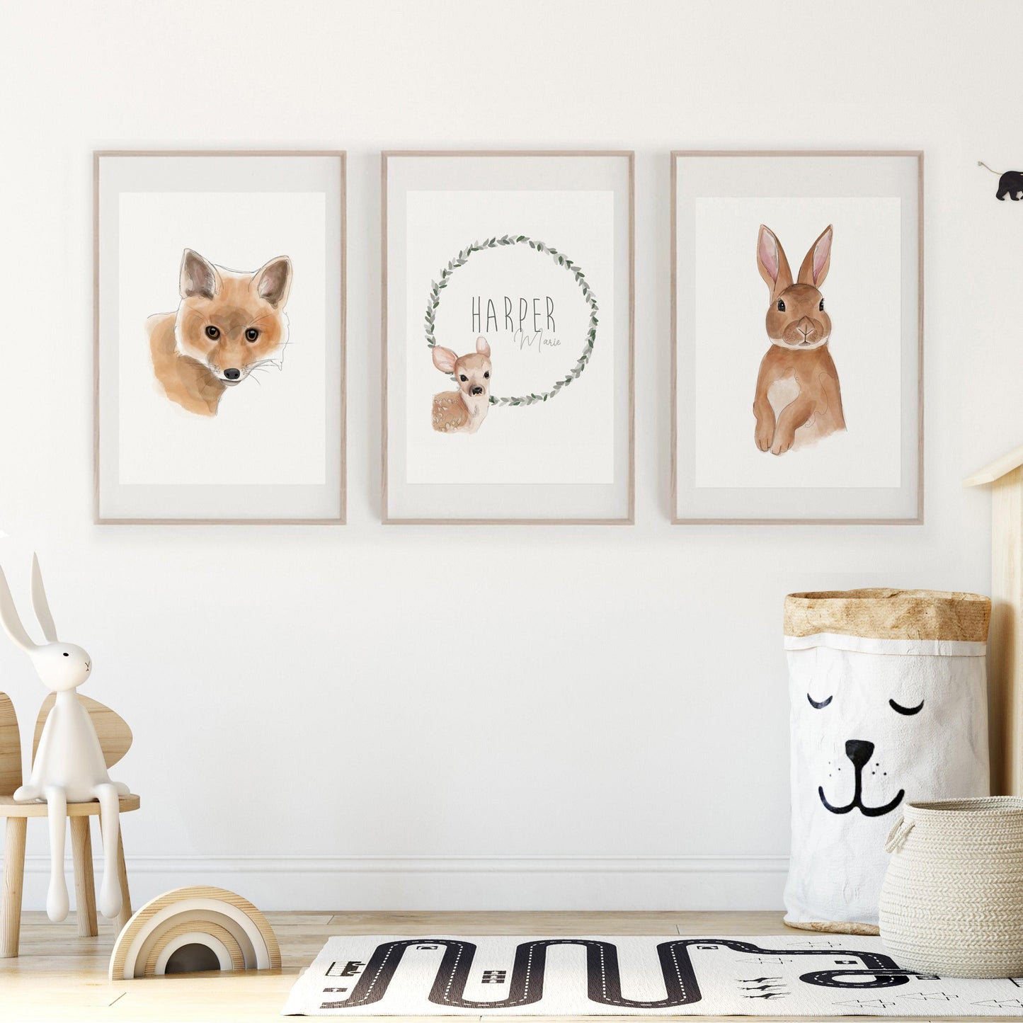 Woodland Animals Nursery Wall Art Print | Set of 3 with Personalised Name