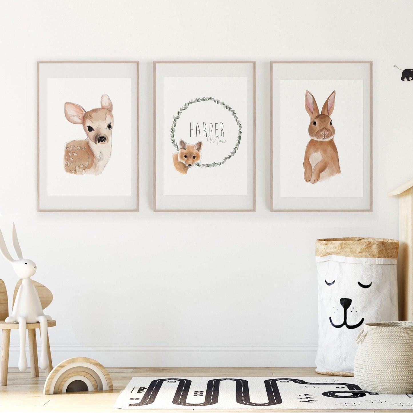 Woodland Animals Nursery Wall Art Print | Set of 3 with Personalised Name