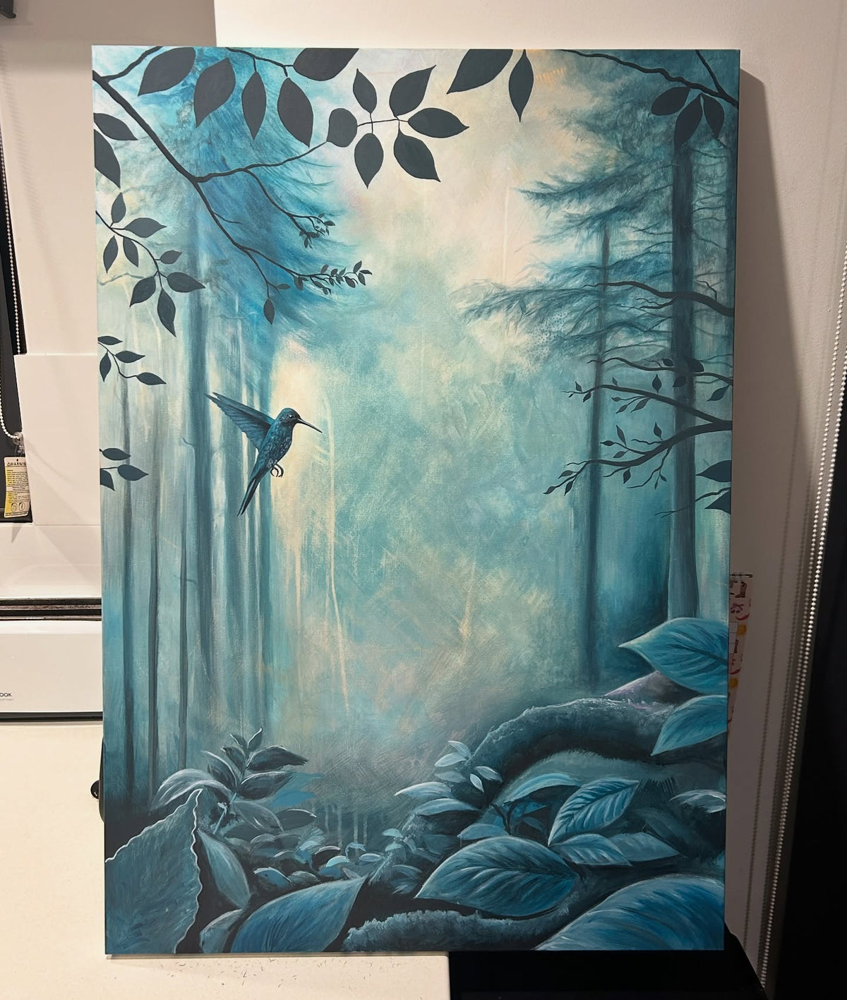A painting of a forest scene with trees and leaves and hummingbird
