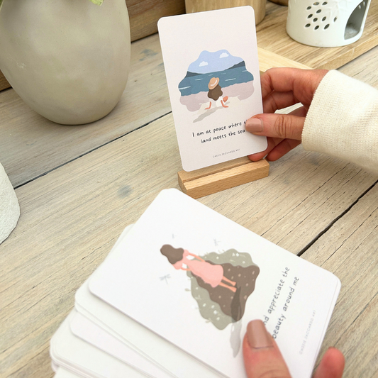 Daily affirmation card deck with wooden stand for self-care