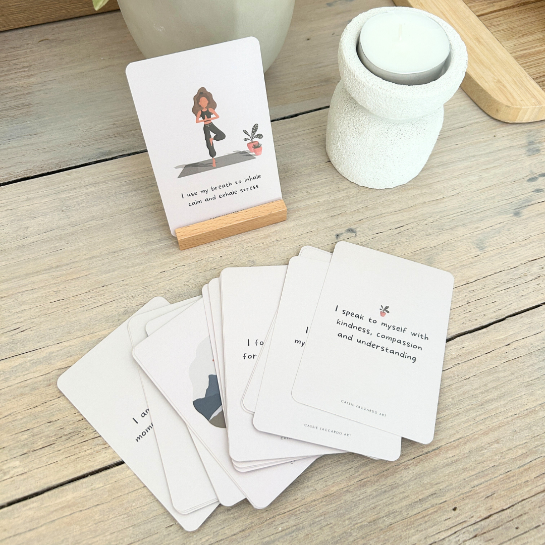 Daily affirmation card deck with wooden stand for self-care