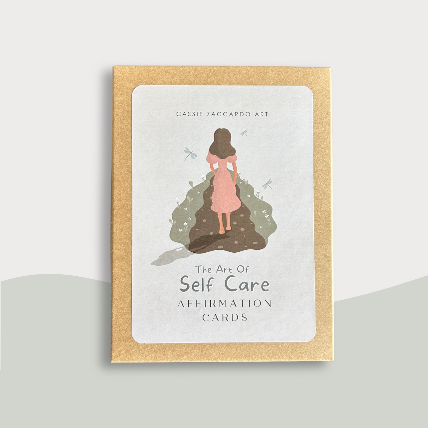 Daily affirmation card deck with wooden stand for self-care