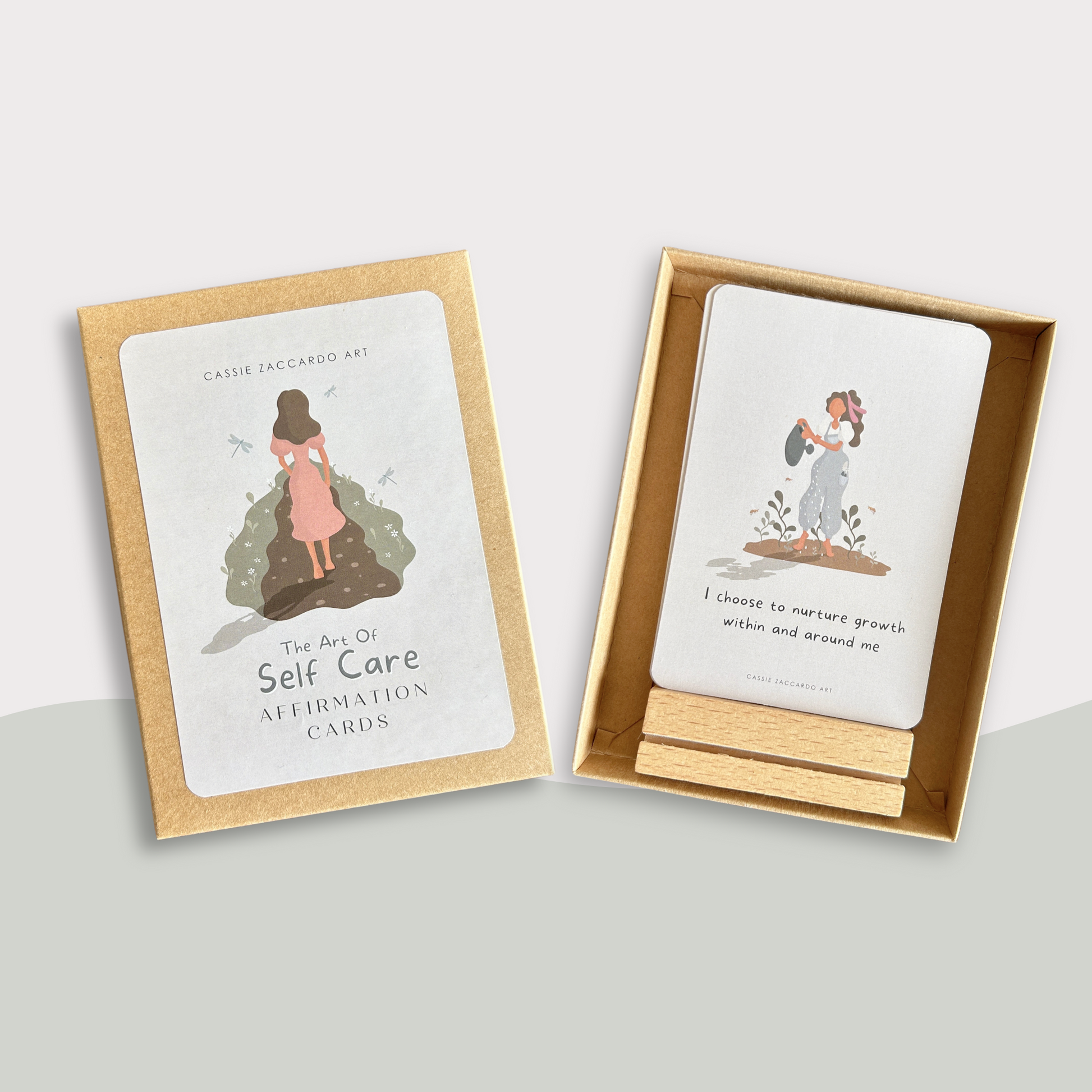 Daily affirmation card deck with wooden stand for self-care