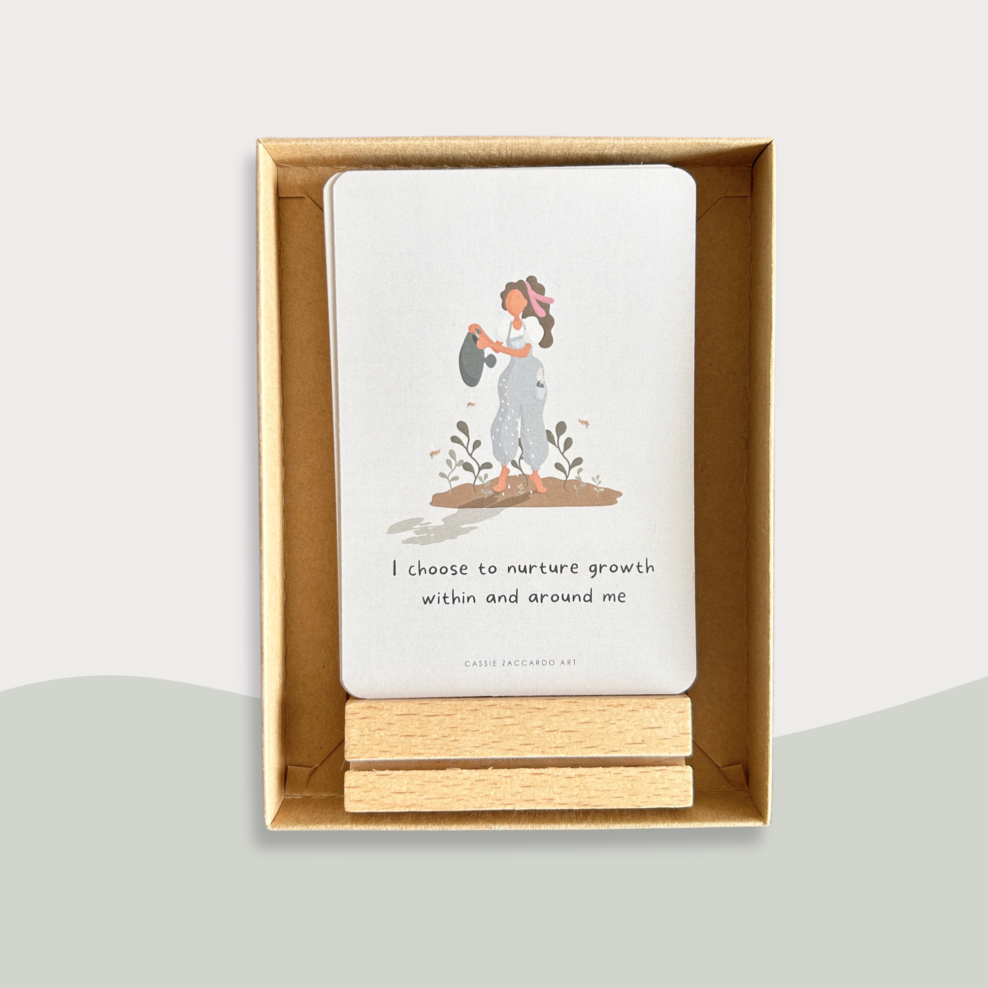 Daily affirmation card deck with wooden stand for self-care