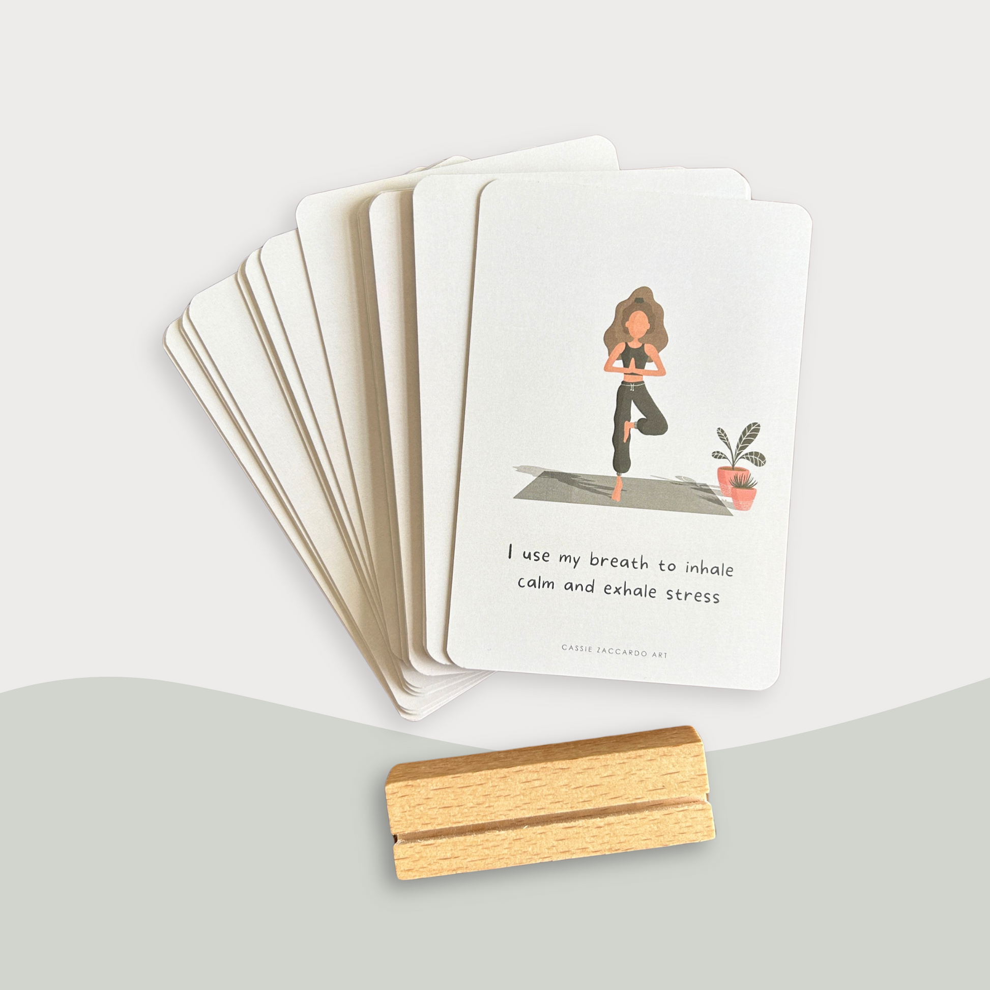 Hand illustrated daily affirmation card deck with wooden stand for self-care