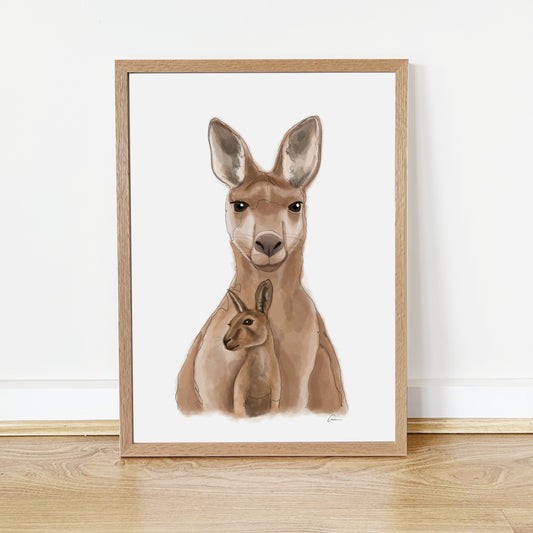 Framed artwork of a kangaroo with a baby kangaroo on a white background