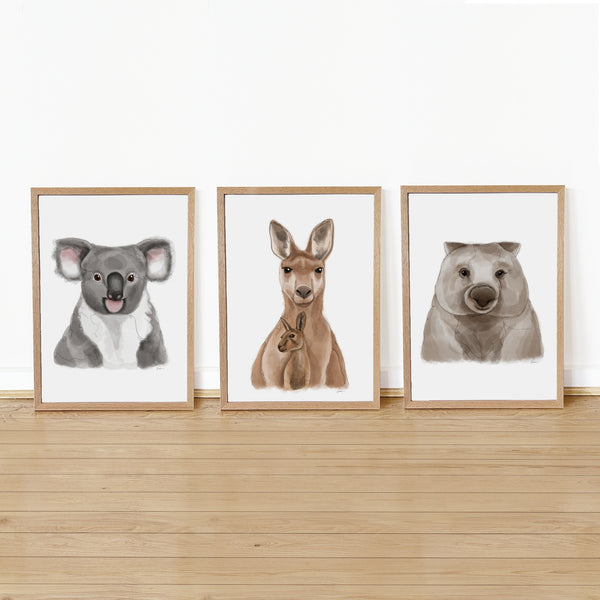 Three framed illustrations of a koala, kangaroo, and wombat on a wooden shelf against a white wall.