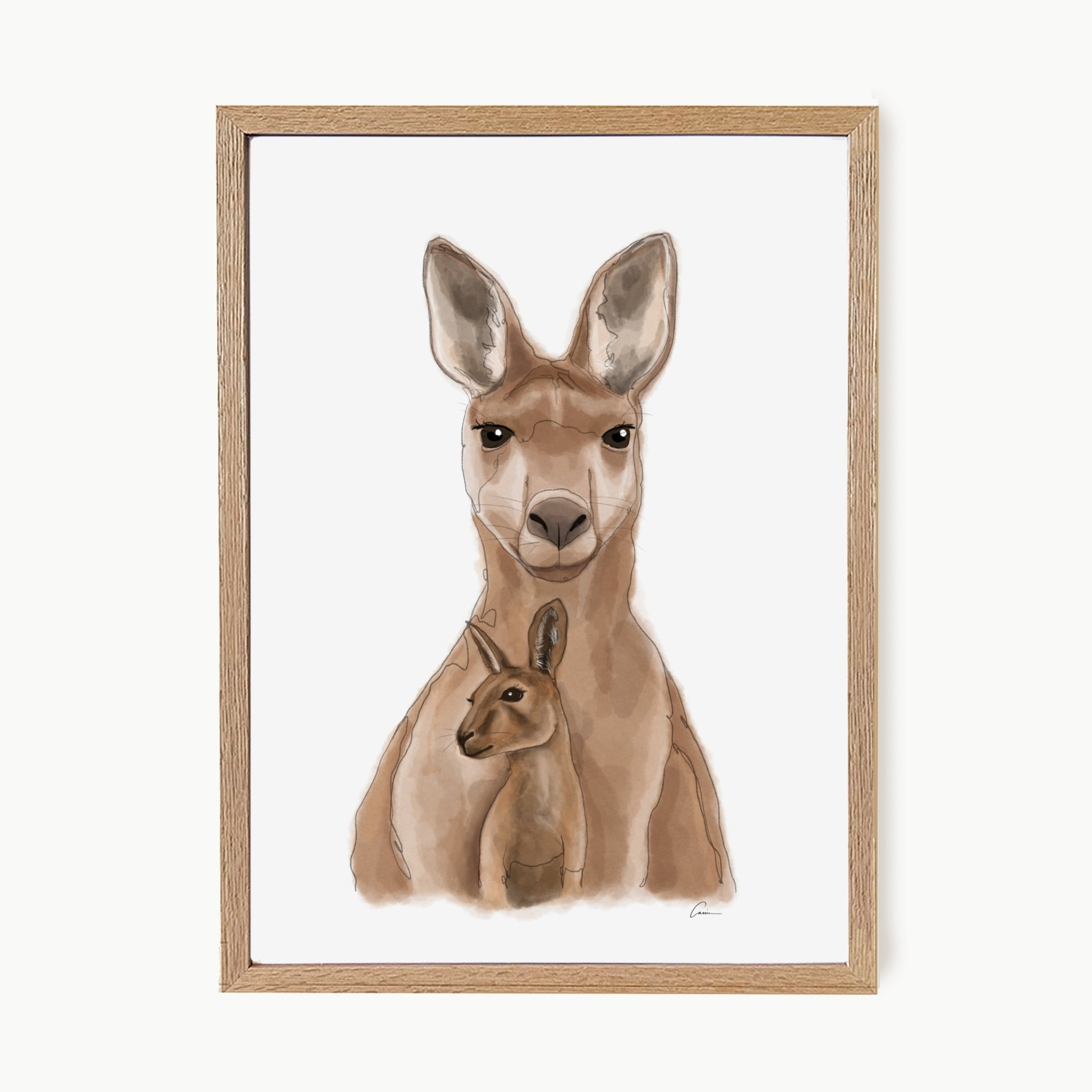 Framed artwork of a kangaroo with a baby kangaroo inside its pouch on a white background.