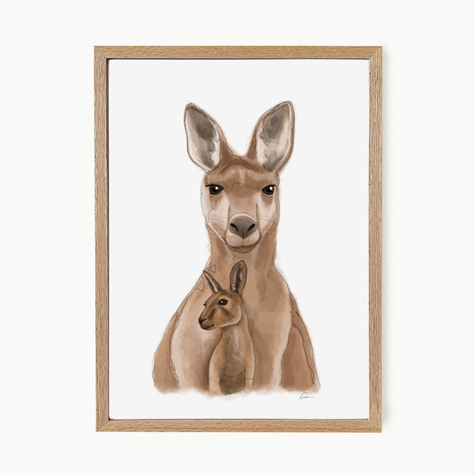 Framed artwork of a kangaroo with a baby kangaroo inside its pouch on a white background.