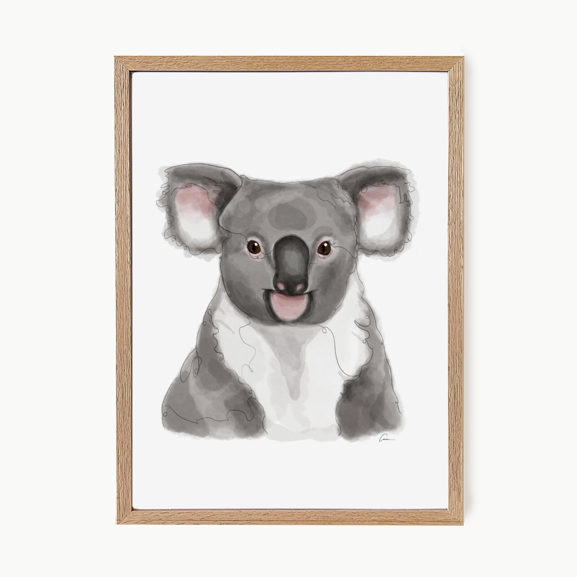 Framed artwork of a koala on a white background