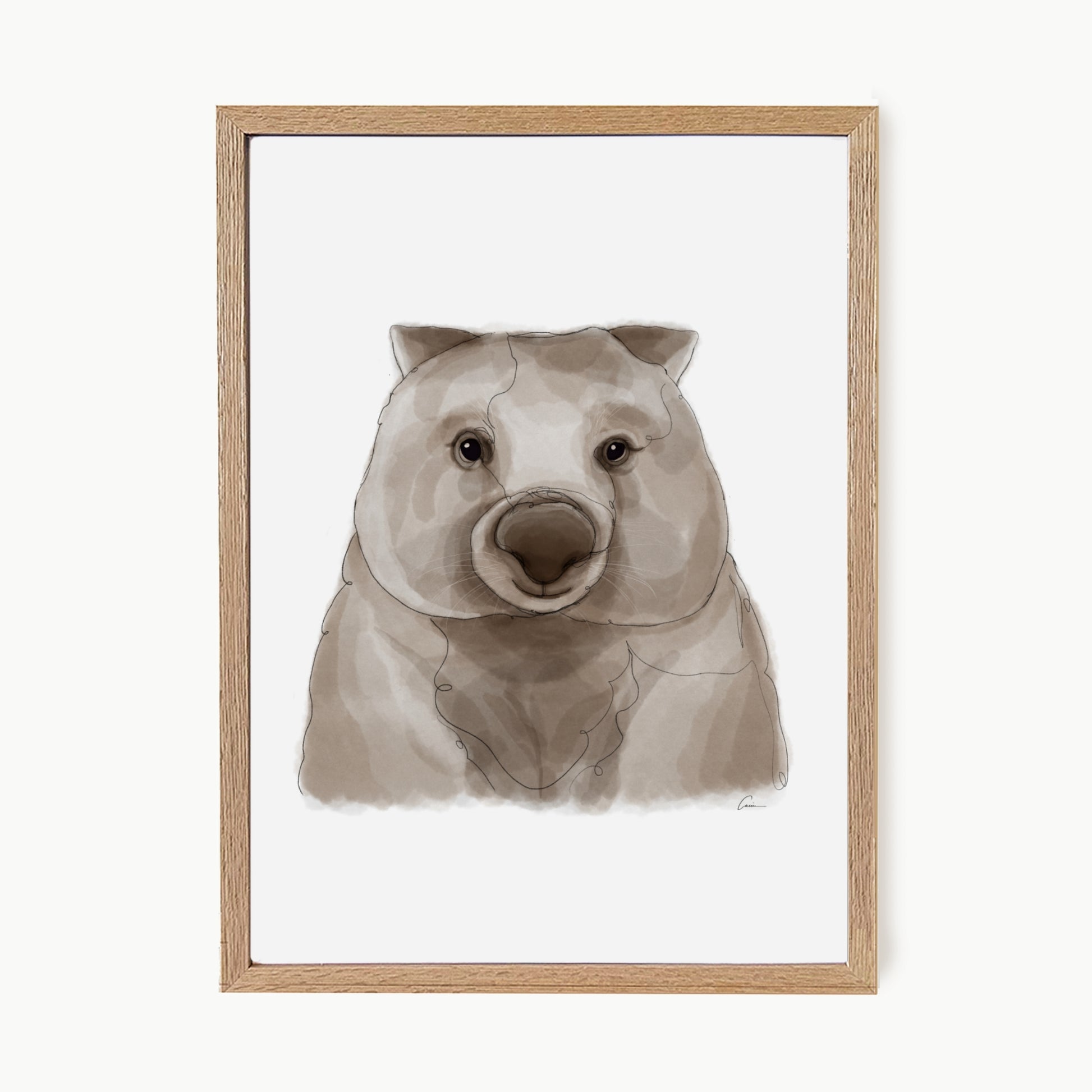 Framed artwork of a wombat on a white background