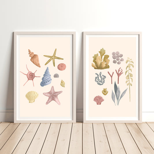 'Seashell and Garden Medley' | Set of 2 Wall Art Prints