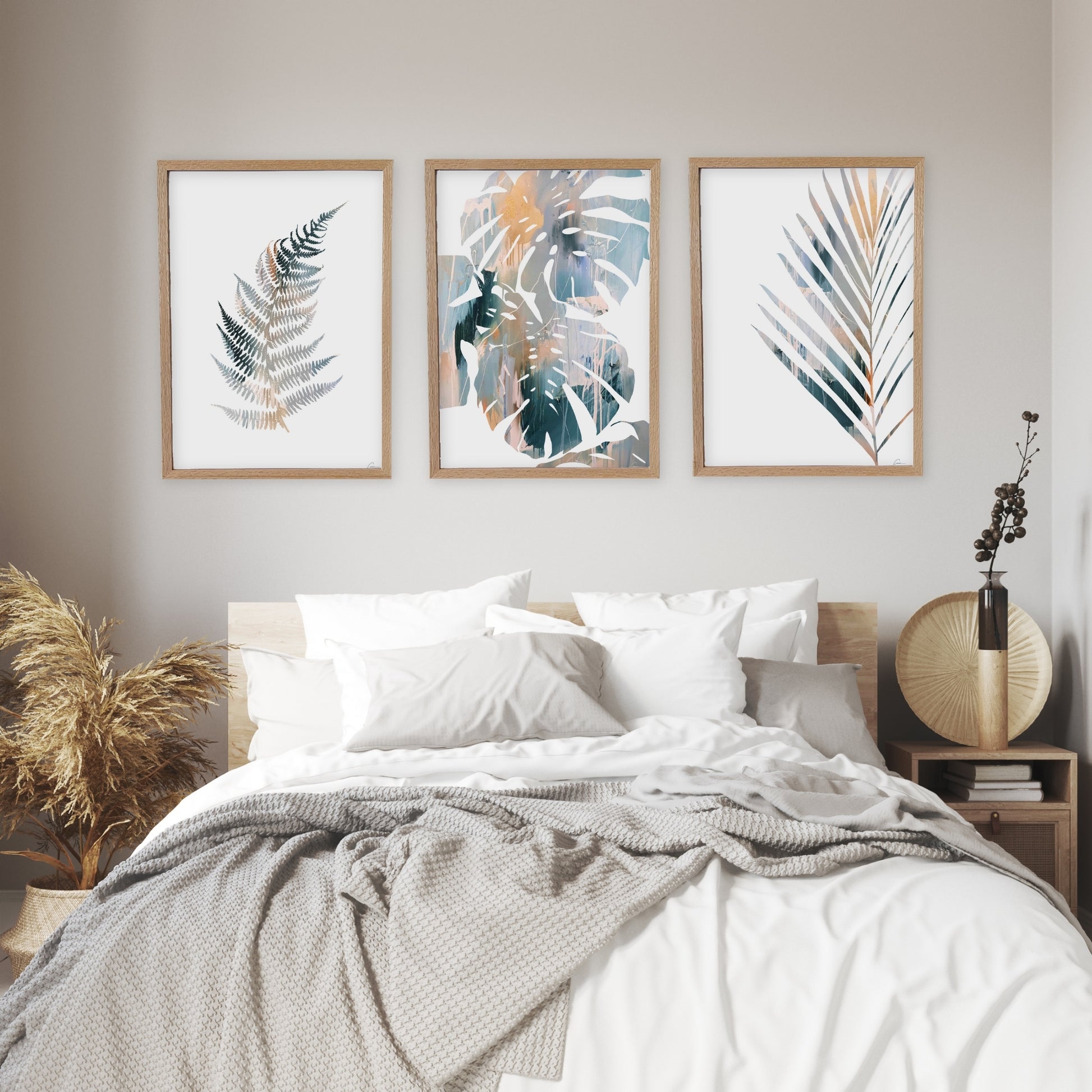 Bedroom with framed botanical art on the wall
