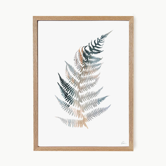 Framed artwork of a fern leaf with a wooden frame on a white background