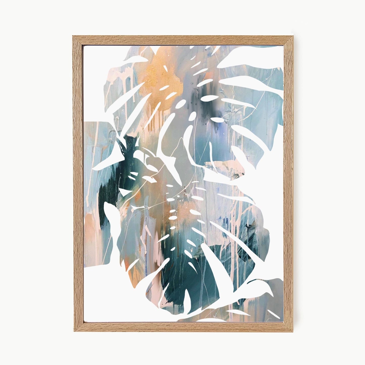 Framed artwork of abstract leaves with a wooden frame on a white background