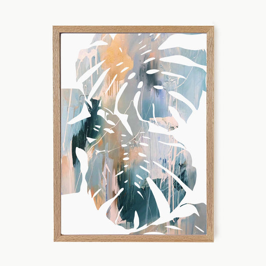 Framed artwork of abstract leaves with a wooden frame on a white background