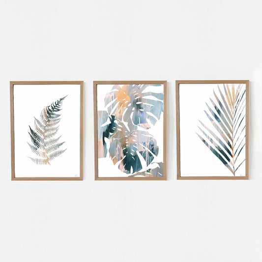 Three framed botanical prints of leaves on a white wall