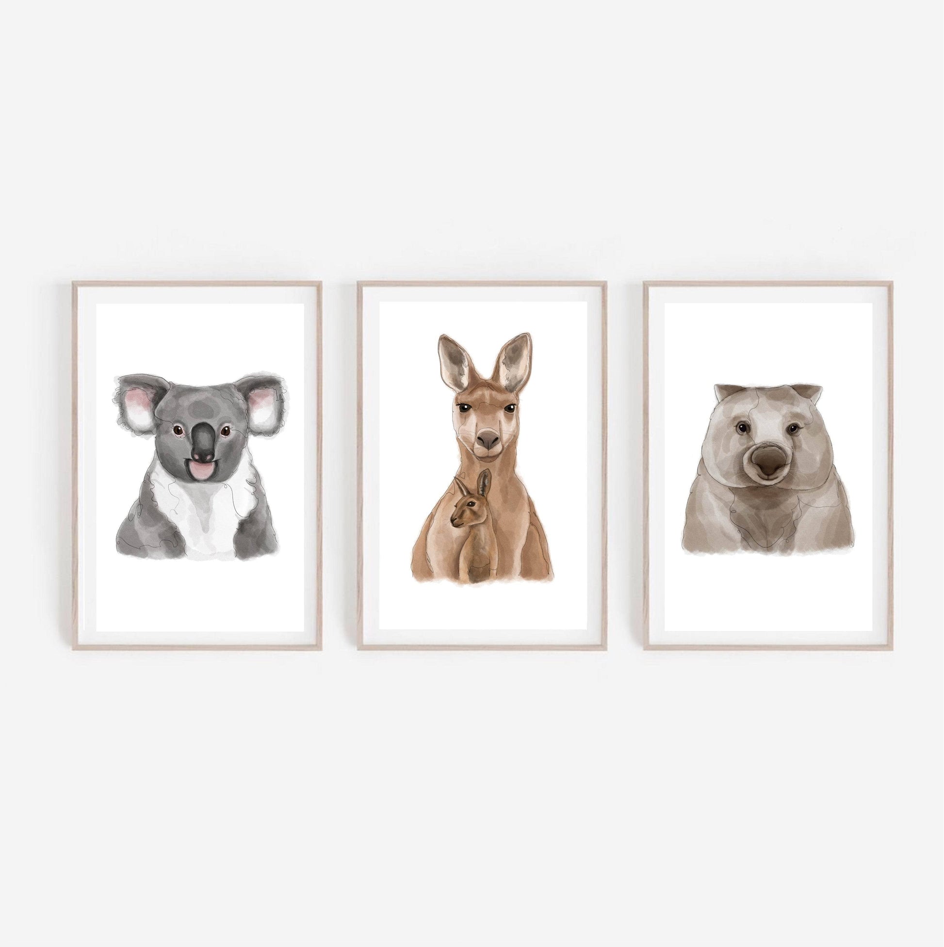 Australian Animals Art Print Set for Kids room with Koala Kangaroo and Wombat