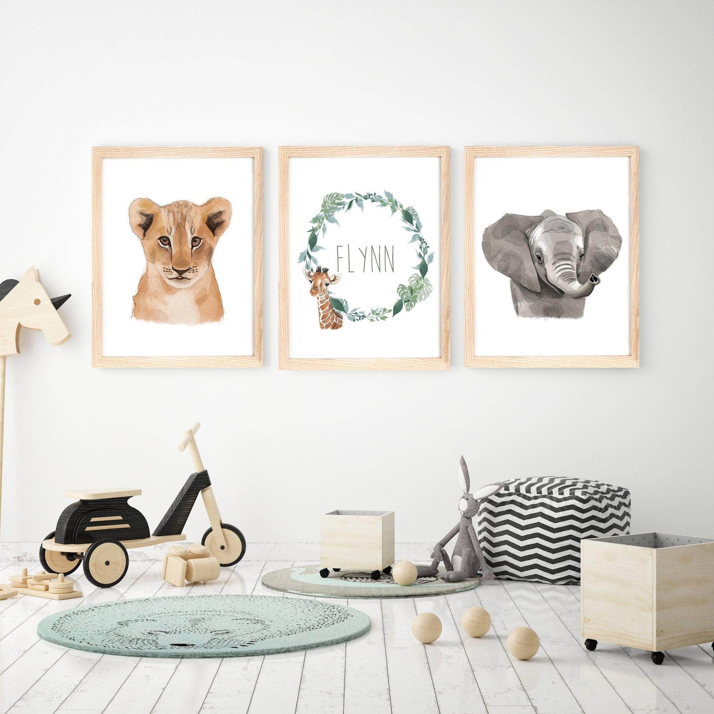 Safari Animals Nursery Wall Art Prints | Personalised with Custom Name | Set of 3