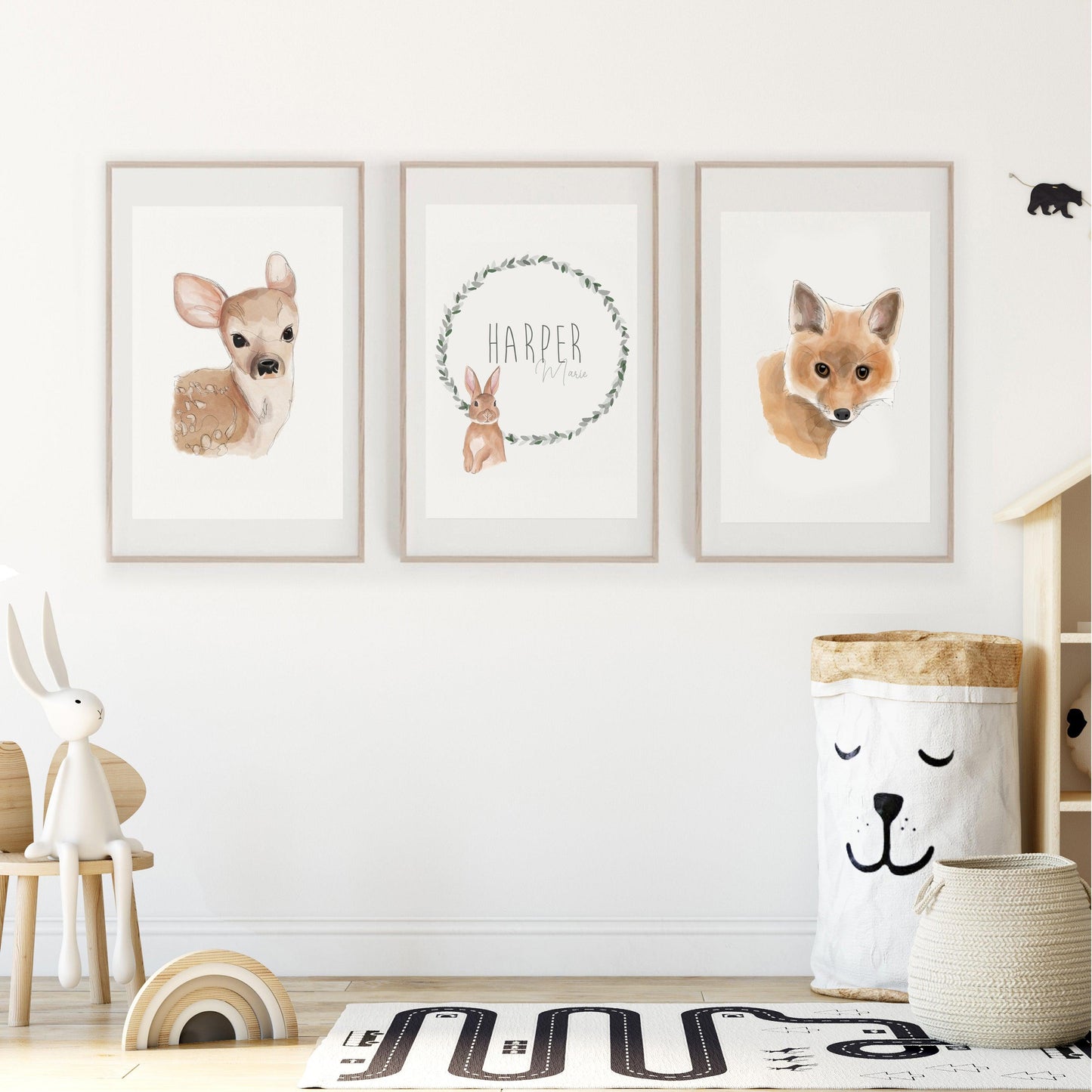 Woodland Animals Nursery Wall Art Print | Set of 3 with Personalised Name